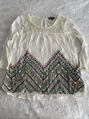 My Michelle White Boho Crochet Yoke Tunic with Teal and Rust Print
